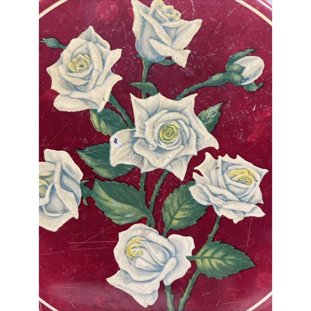 Vintage Red Rose Tin Container Flower Candy Cookie White Roses Storage Decor
